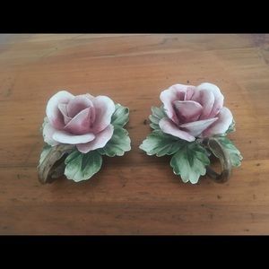 Two Capodimonte Porcelain Rose Candle Holders